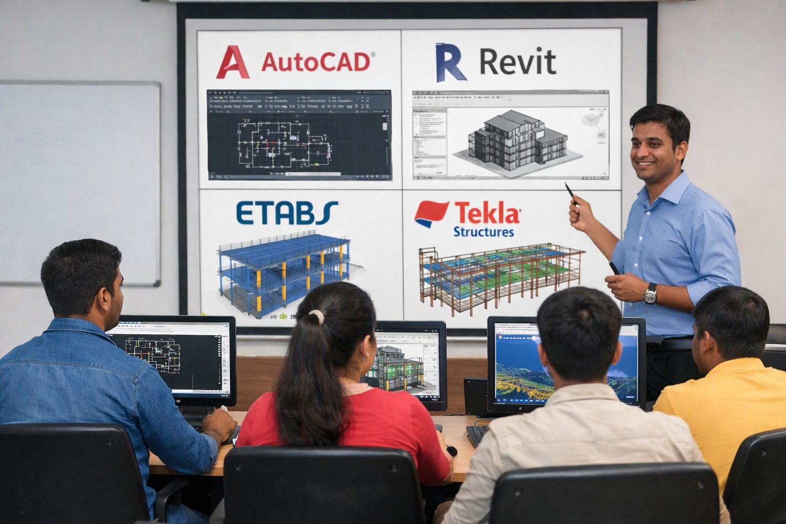 Engineering students learning AutoCAD, Revit, ETABS and Tekla software for engineering career skills