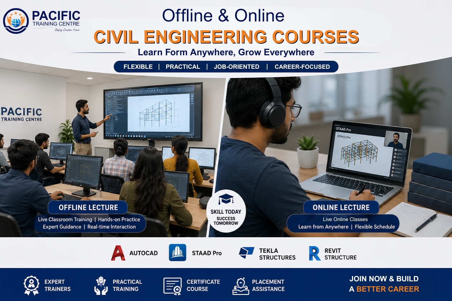 Civil engineering students learning AutoCAD and structural design software at Pacific Training Centre
