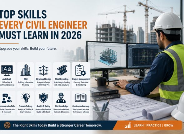 Civil engineering student working on AutoCAD and BIM software with construction project planning on screen