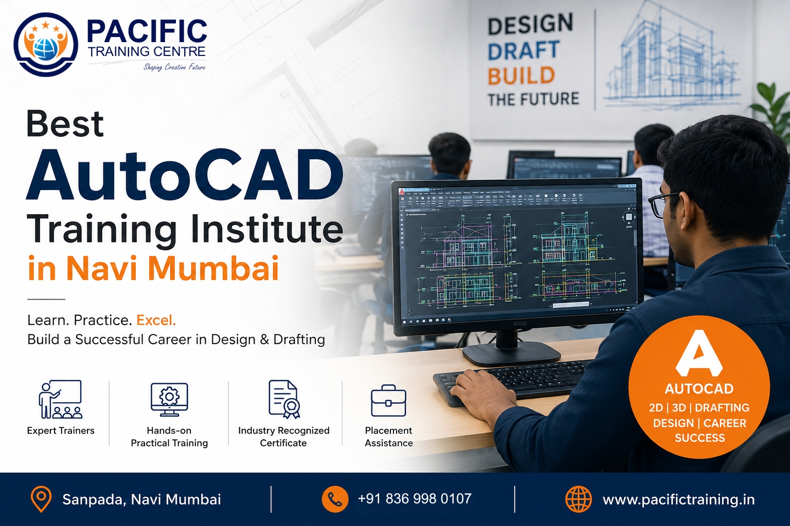 Students learning AutoCAD drafting at Pacific Training Centre in Navi Mumbai